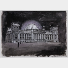 Architectural Design Competition Reconstruction of the Reichstag Building for the German Parliament (Unbuilt) – Perspective View by Night