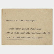 Visitenkarte der Galerie Ferdinand Möller mit Notiz auf der Rückseite, Adresse von Lyonel Feininger