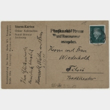 Sturm-Postkarte von Herwarth und seiner Ehefrau Nell Walden an Sascha Wiederhold und Ehefrau mit Glückwünschen. [ohne Ortsangabe]