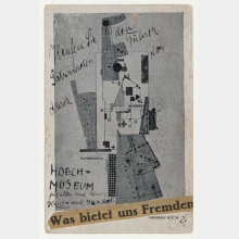 Merz postcard collaged by Kurt Schwitters to Hannah Höch with illustration: Hannah Höch "Astronomy" (1922). [no location given]