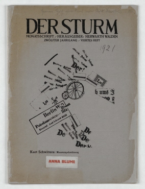Der Sturm: Monthly Magazine, Illustration of a “Merzstempelzeichnung” by Kurt Schwitters on the titel page, collaged by Kurt Schwitters with sticker of the lettering “ANNA BLUME”