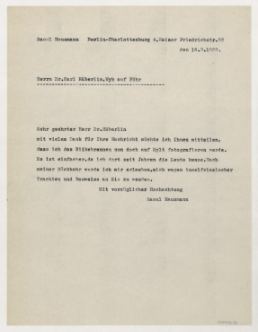 Brief von Raoul Hausmann an Carl Haeberlin. Berlin