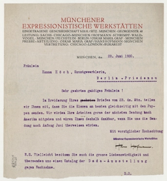 Brief der Münchener Expressionistischen Werkstätten gez. Hans Hofmann an Hannah Höch. München