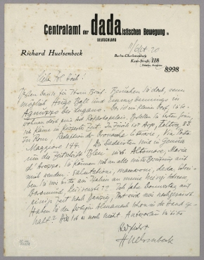 Brief von Richard Huelsenbeck an Hannah Höch. Dortmund