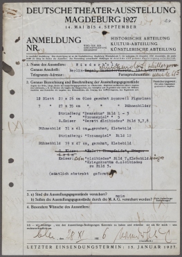 Ausgefülltes Anmeldungsformular von Sascha Wiederhold für die Deutsche Theater-Ausstellung in Magdeburg 1927