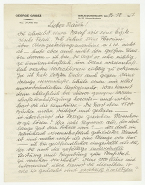 Brief von George Grosz an Raoul Hausmann. Berlin