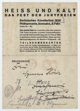 Einladungskarte [Drucksache] der Juryfreien an Hannah Höch. Berlin