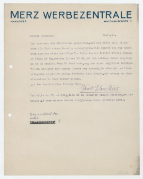 Brief von Kurt Schwitters an Raoul Hausmann. Hannover