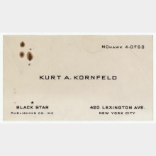 Visitenkarte von Kurt A. Kornfeld, Black Star, Strand Palace Hotel, London an Erich Salomon