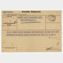 Telegramm von Ida Bienert an Hannah Höch. Dresden