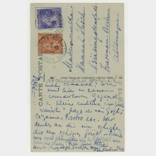 Postkarte von Nelly van Doesburg an Hannah Höch mit Zusätzen von Theo van Doesburg und Otto Freundlich. Auvers-sur-Oise